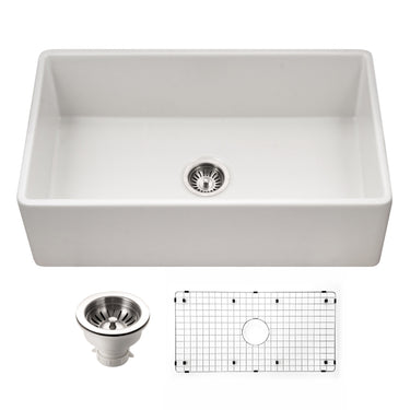 Houzer Platus 33 inch White Fireclay Apron Front Farmhouse Single Bowl Kitchen Sink with Basket Strainer and Basin Grid Included
